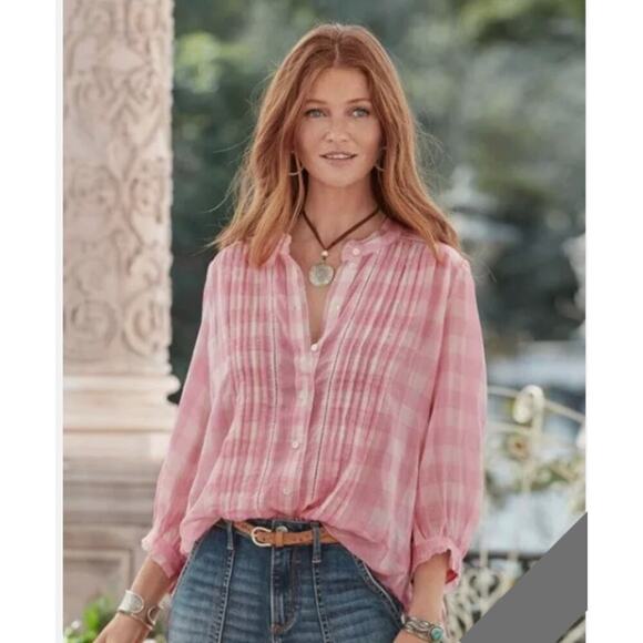Sundance Tops - Sundance Risette Top Womens XS Pink Plaid Gingham 3/4 Sleeve Blouse Cottagecore